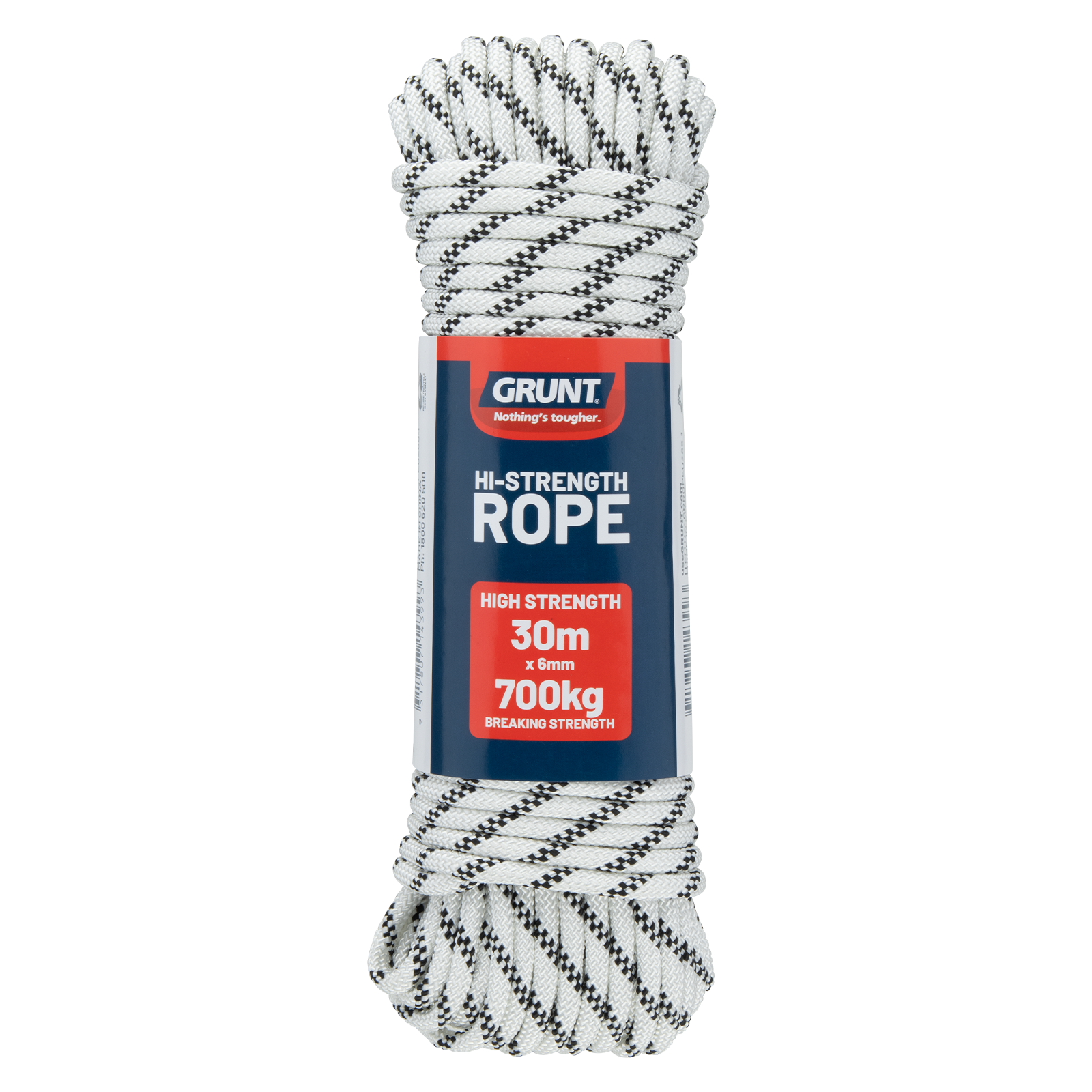 Grunt 6mm x 30m High Strength Rope, White with Black Trace, Polyester, 700kg Break Strength