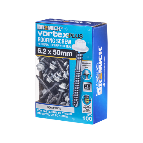 Bremick Vortex Plus Roofing Screw 6.2 x 50mm - Hex B8 - Box of 100 - Watertight - SuperSaverAU - view 1