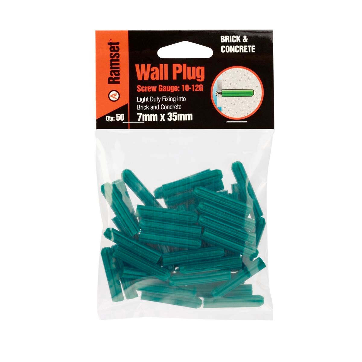 Ramset 7 x 35mm Green Plastic Wall Plugs - 50 Pack
