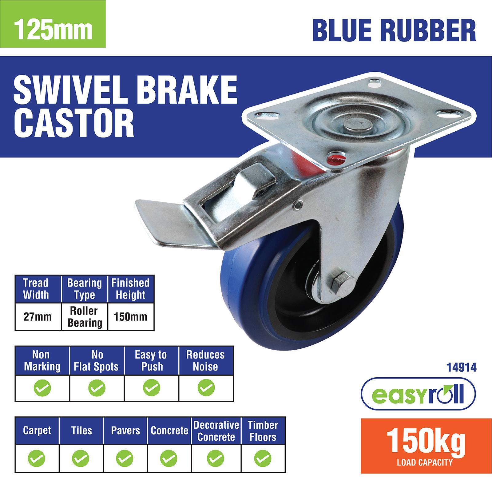 Easyroll 125mm Blue Rubber Swivel Brake Castor 150kg Load Indoor Outdoor