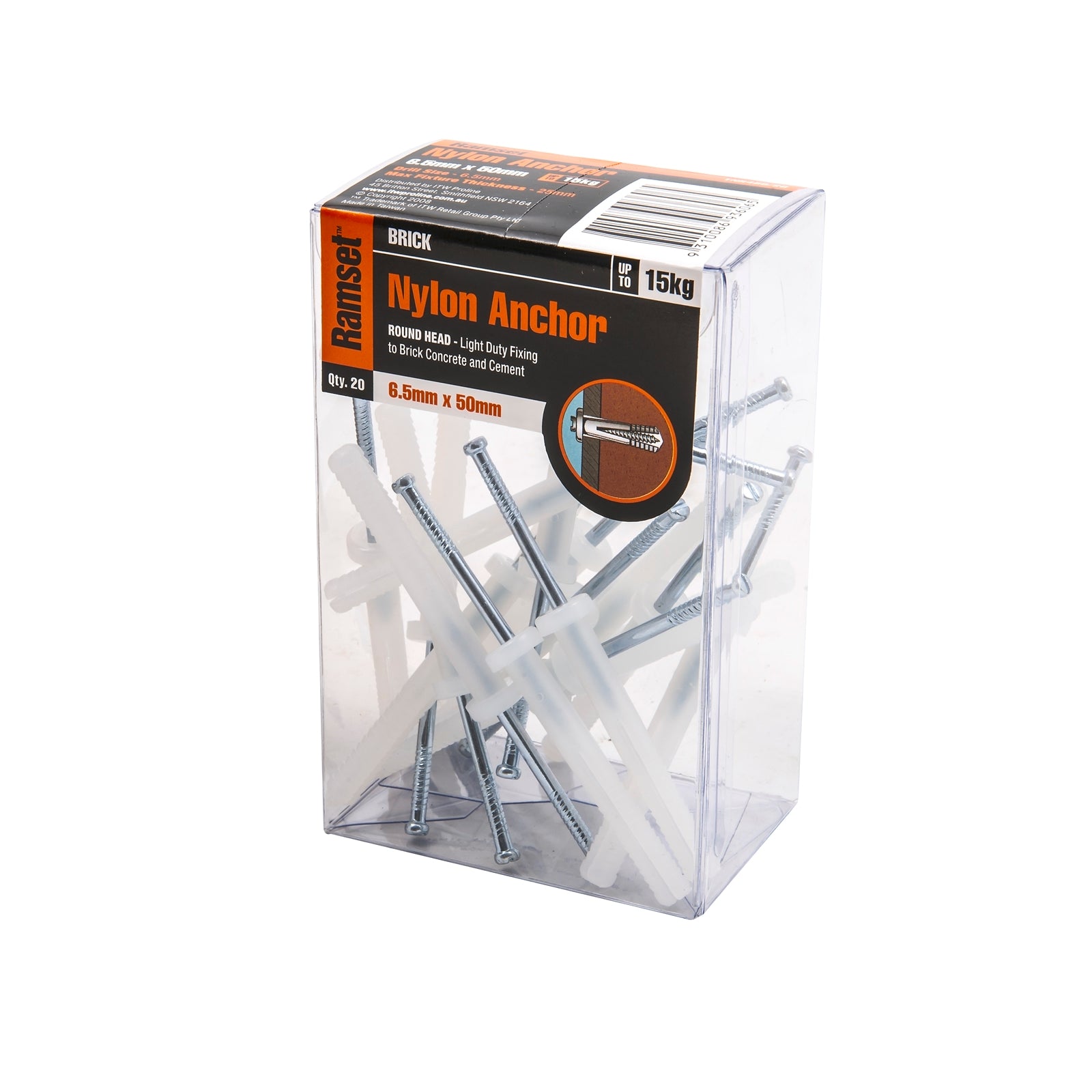 Ramset 6.5 x 50mm Round Head Nylon Masonry Drive Anchor - 20 Pack