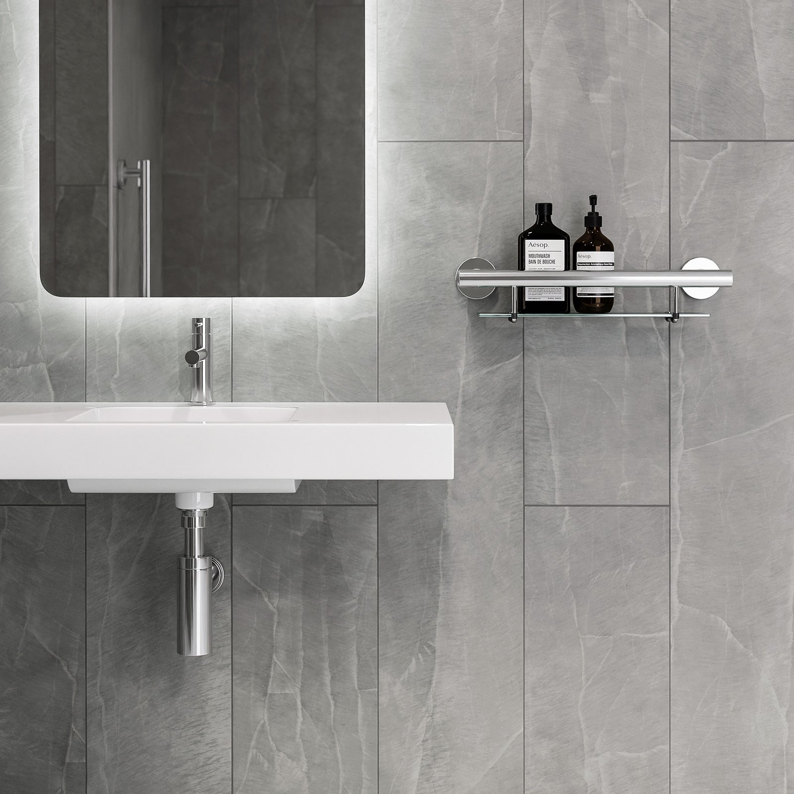 evekare 488mm Bath Shelf with Grab Rail - Stainless Steel & Glass 250kg