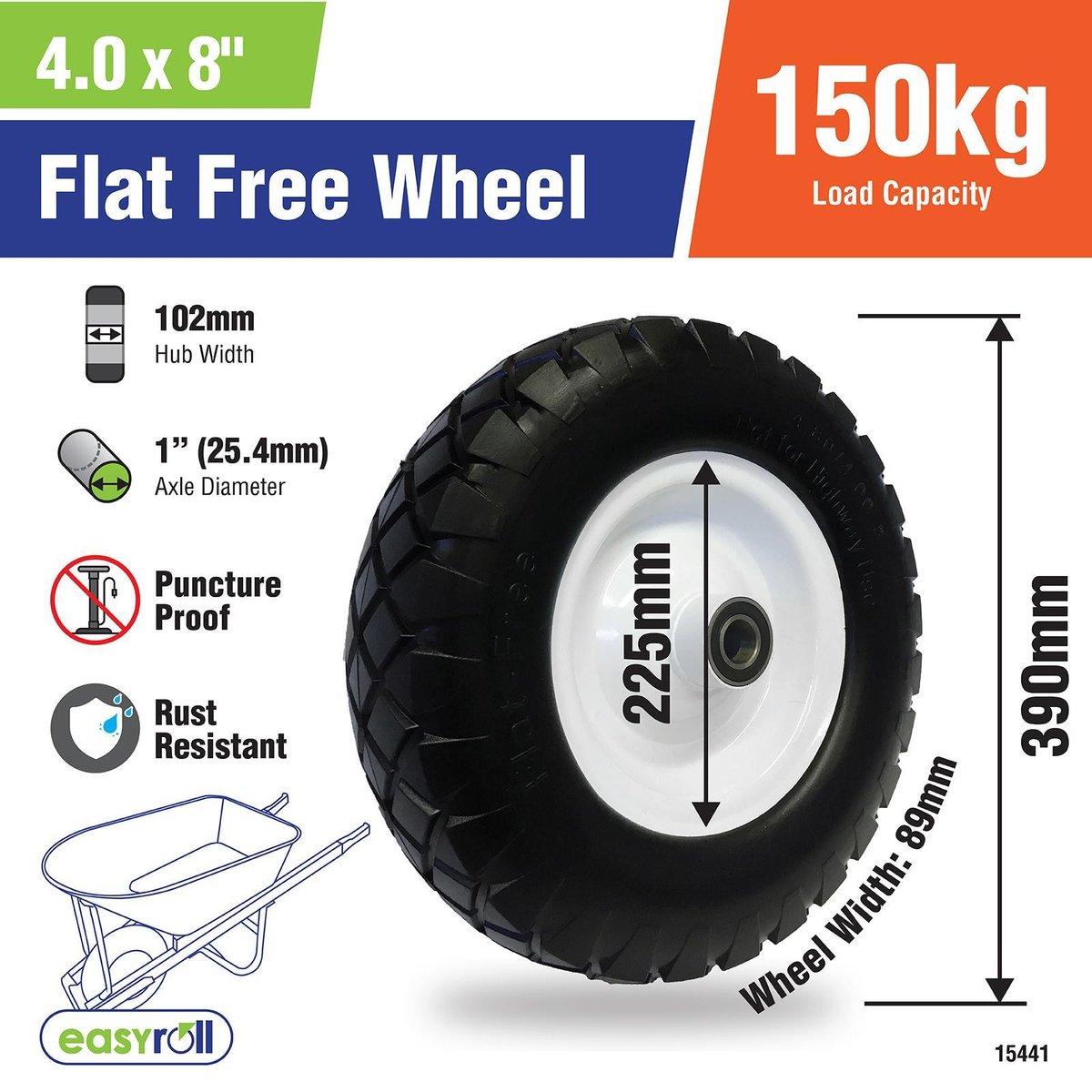 Easyroll Wheelbarrow Wheel - 400x8 - PU Foam/Steel - Puncture Proof - SuperSaverAU - view 2