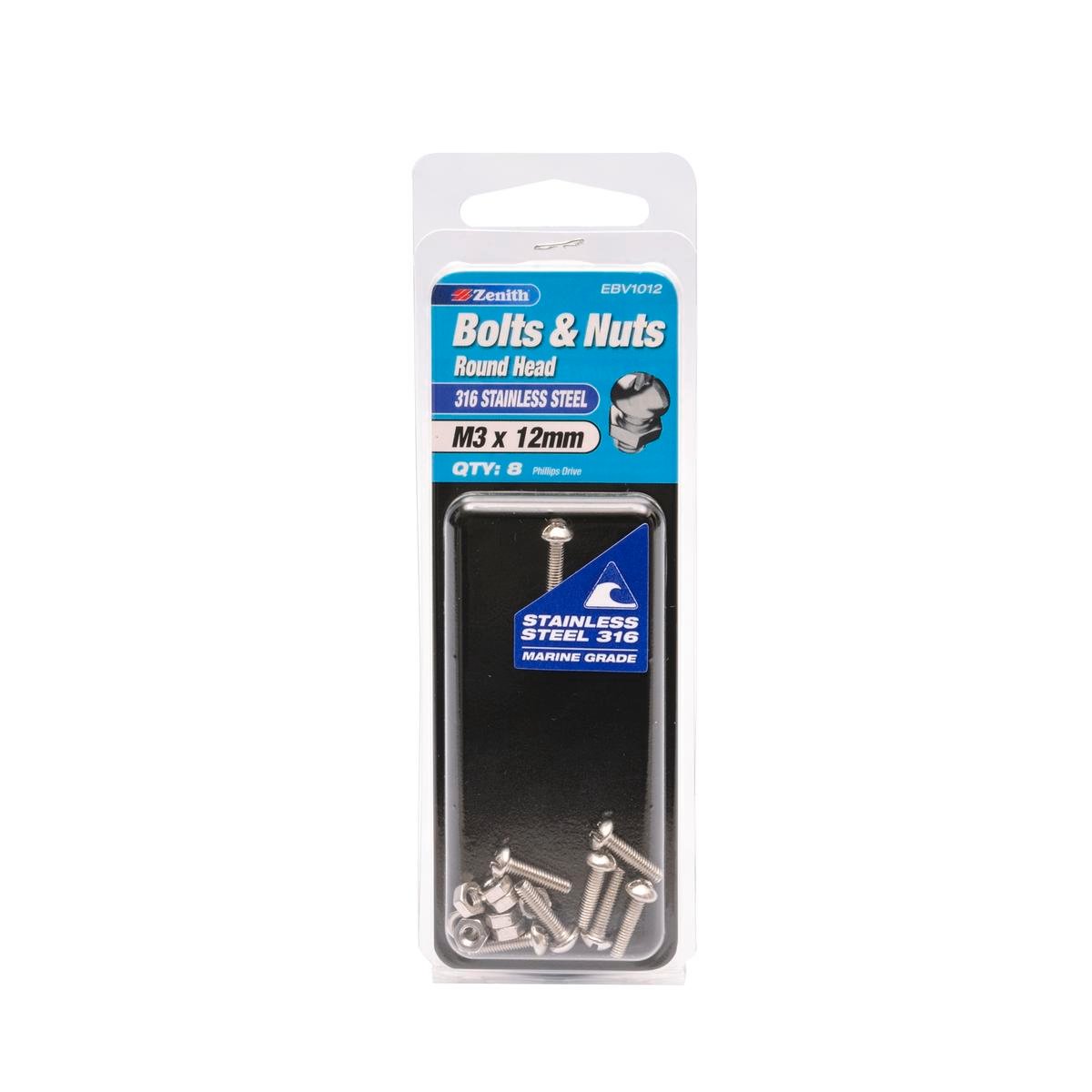 Zenith M3 x 12mm 316 Stainless Steel Round Head Bolt and Nut - 8 Pack