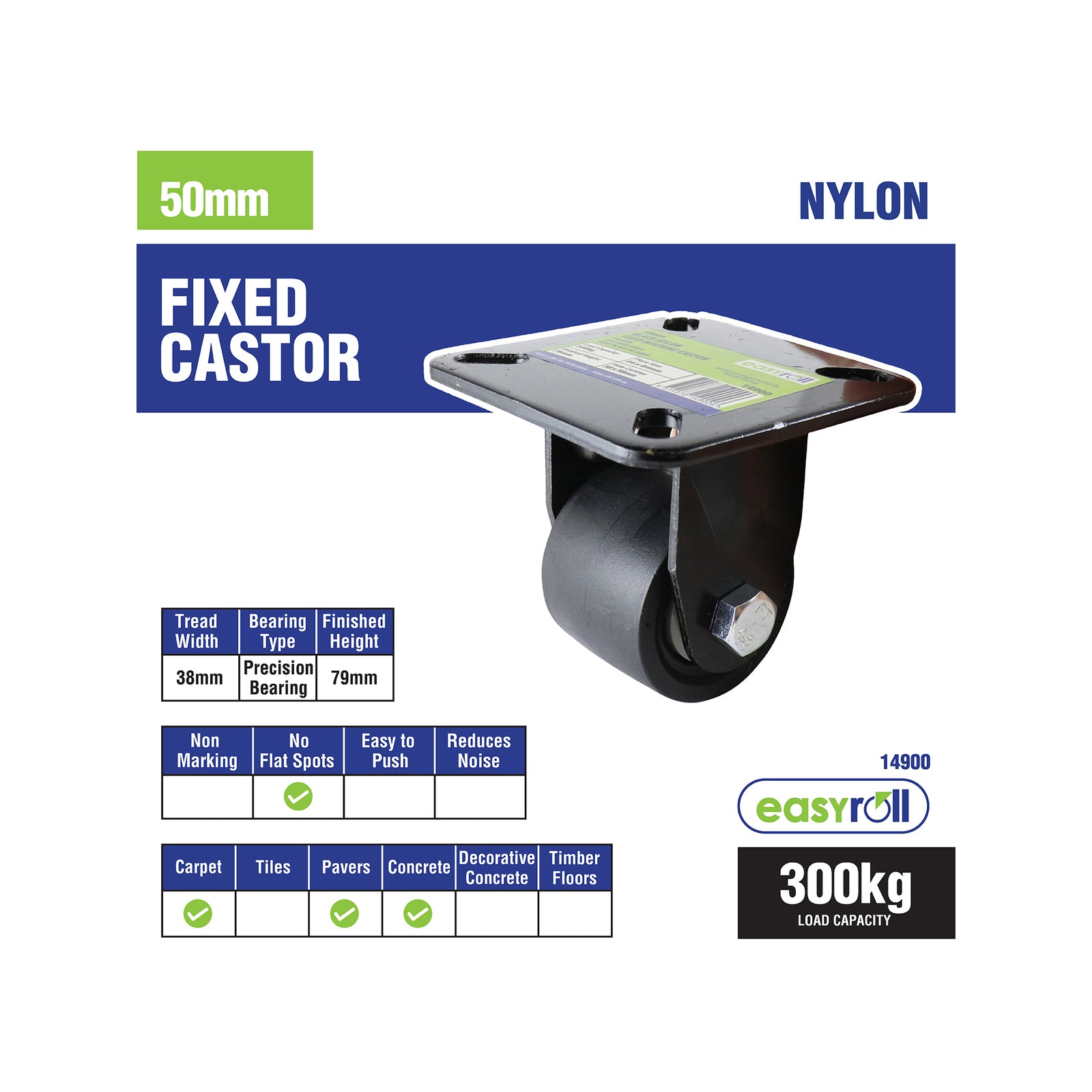 Easyroll 50mm Black Nylon Fixed Machine Castor, 300kg Load