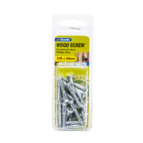 Zenith 10G x 30mm Zinc Plated Countersunk Head Wood Screws, Needle Point, 25 Pack