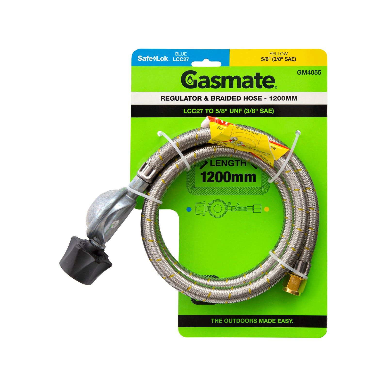 Gasmate Regulator & Braided Hose 1200mm LCC27 to 5/8" UNF (3/8" SAE)