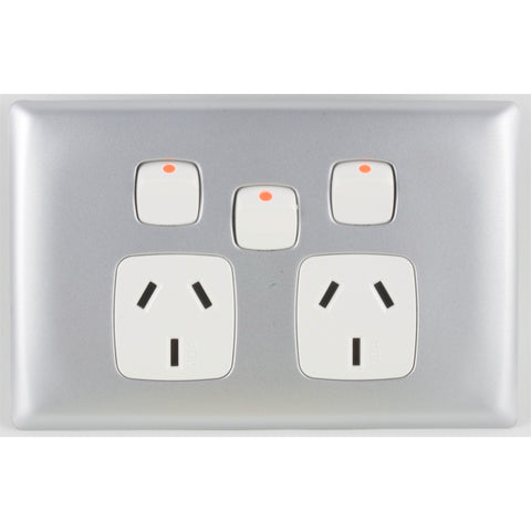 HPM Linea Double Powerpoint With Extra Switch, Matt Silver, 240V, Slim Plastic Indoor, CDLN777XWEMS