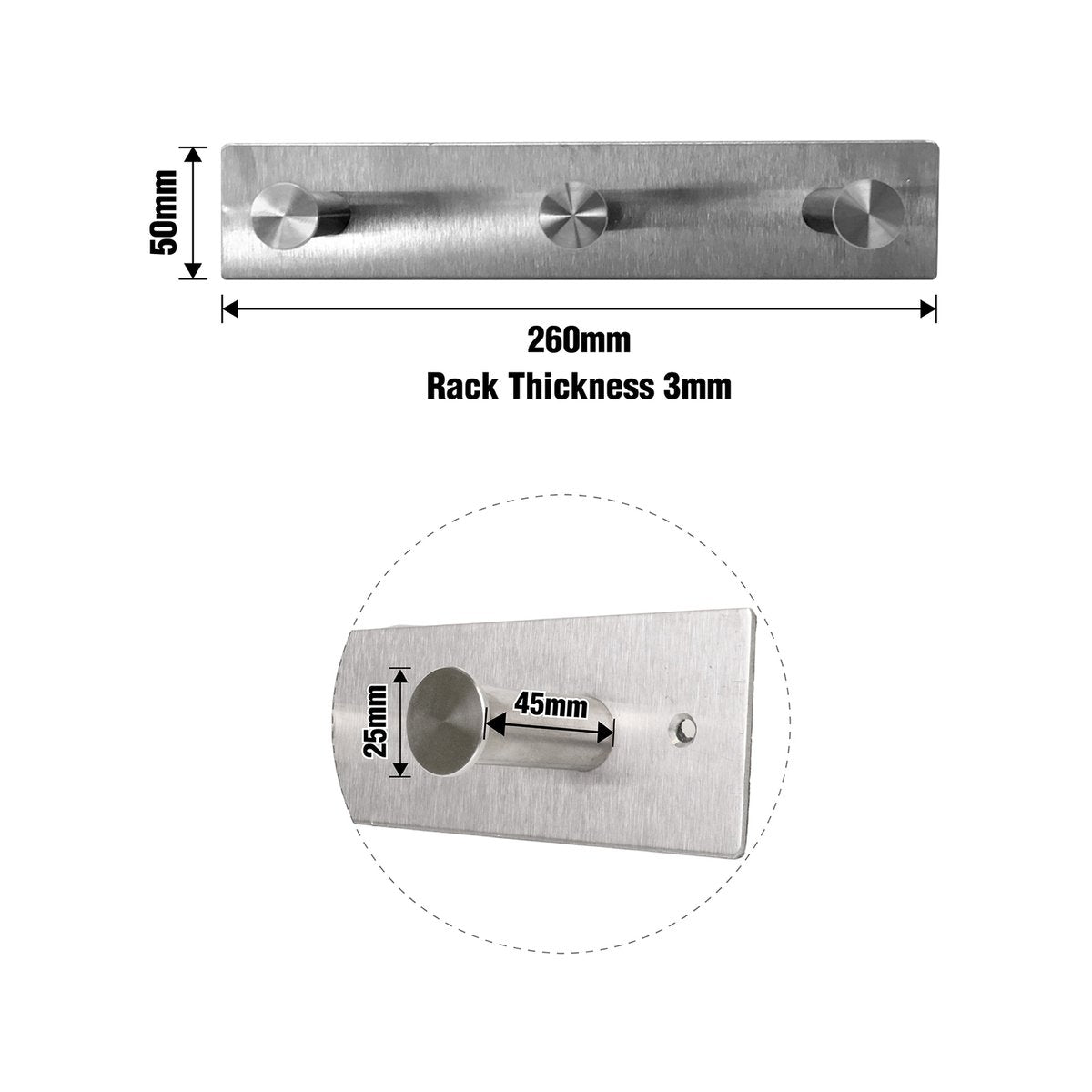 Adoored 3 Stud Satin Chrome Deco Hook Rack 260mm Steel