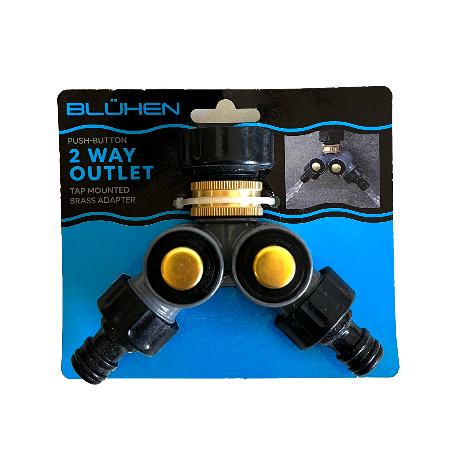 Bluhen 2 Way Outlet Push Button Tap Adaptor Plastic & Brass Outdoor