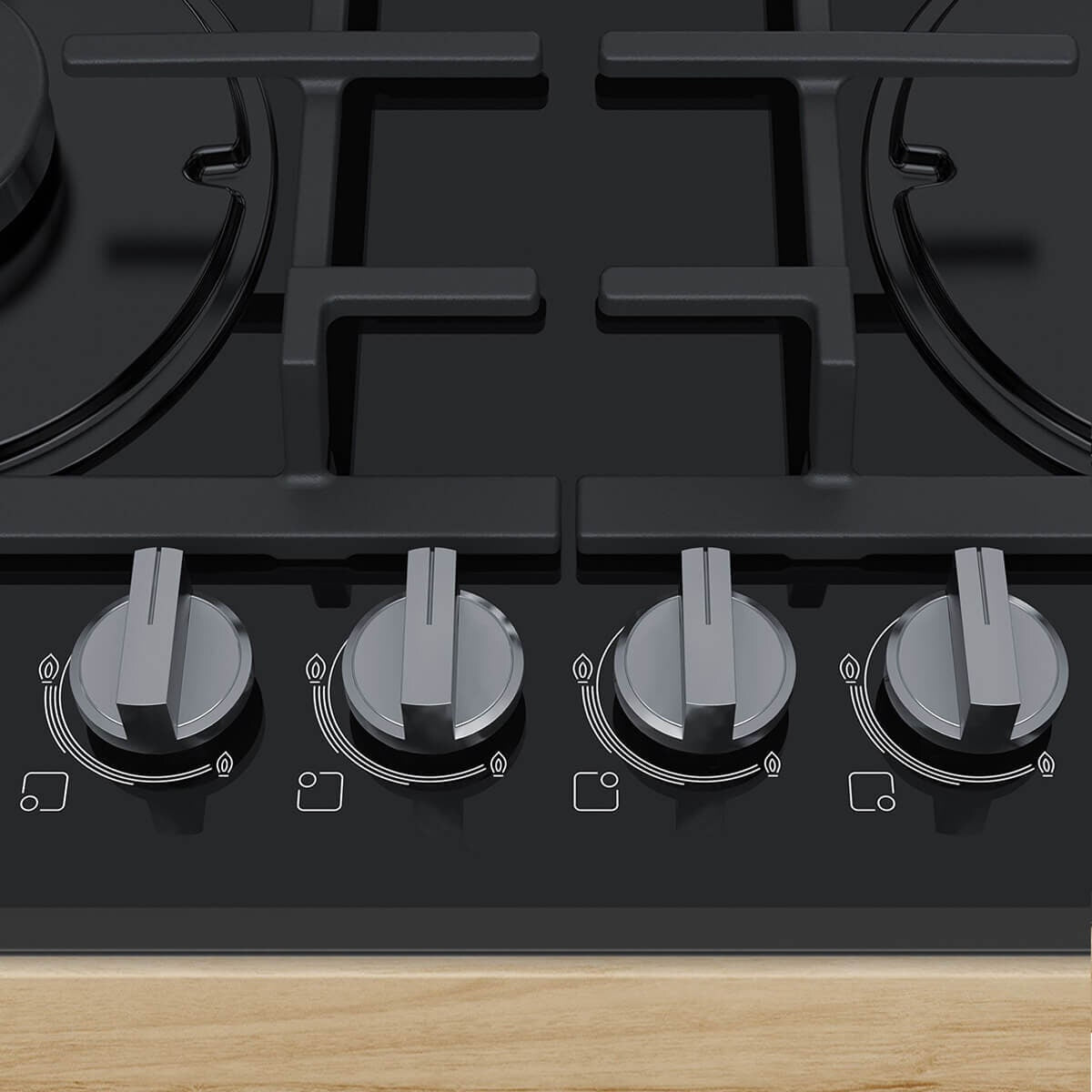 Bosch 60cm Series 4 Black Tempered Glass Gas Cooktop - Four Burners, Wok Burner, Sword Knobs - PNH6B6B91A
