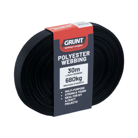 Grunt 25mm x 30m Black Polyester Poly Webbing
