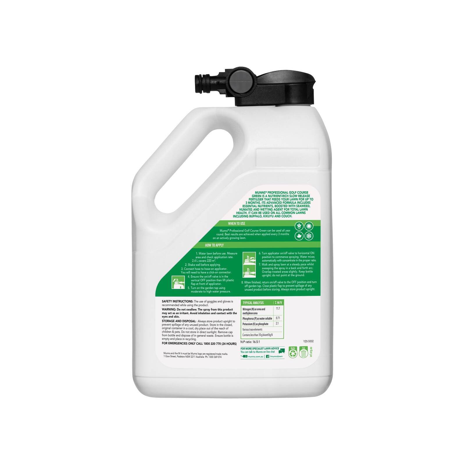 Munns Professional 2.4L Golf Course Green Lawn Fertiliser Hose-On