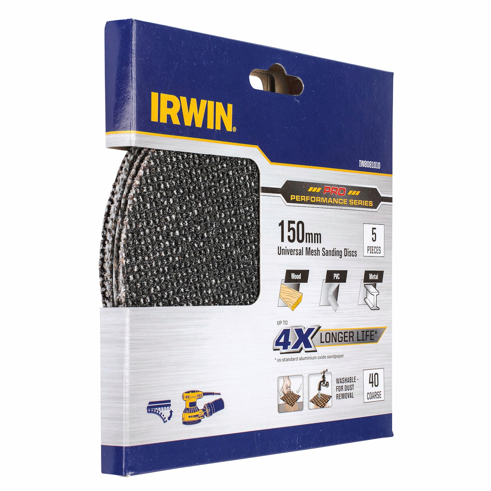Irwin 150mm 40 Grit Orbital Sanding Disc Mesh Velcro 5 Pack
