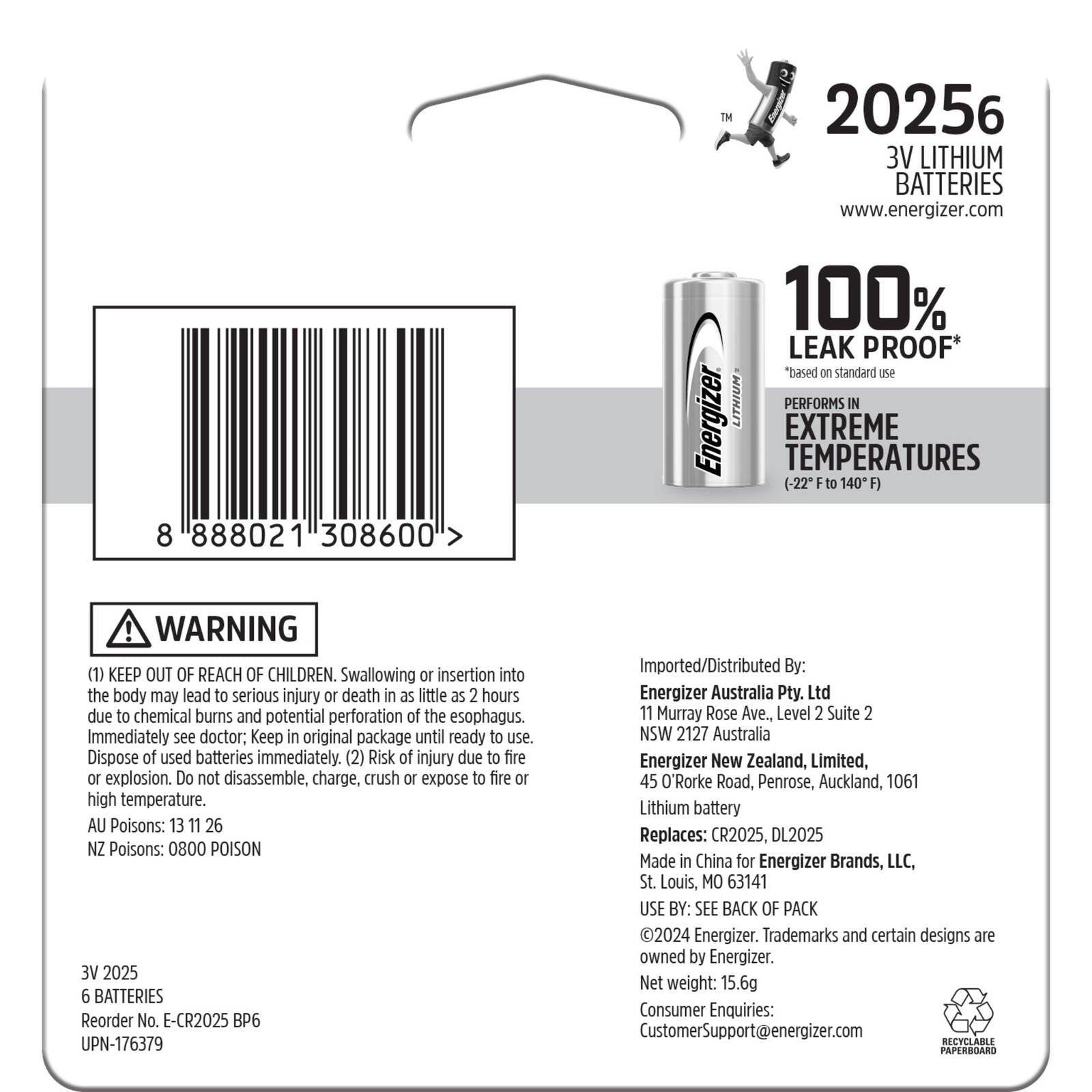 Energizer CR2025 3V Lithium Coin Battery 6 Pack