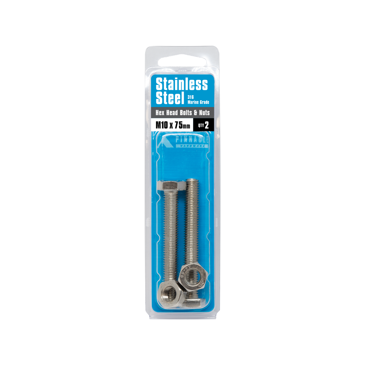 Pinnacle M10 x 75mm Stainless Steel Hex Bolt and Nut 2 Pack