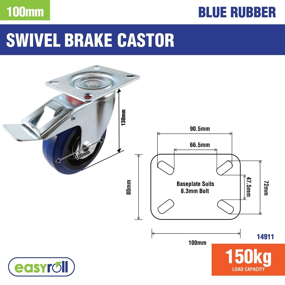 Easyroll 100mm Blue Rubber Swivel Brake Castor 150kg Load Indoor Outdoor
