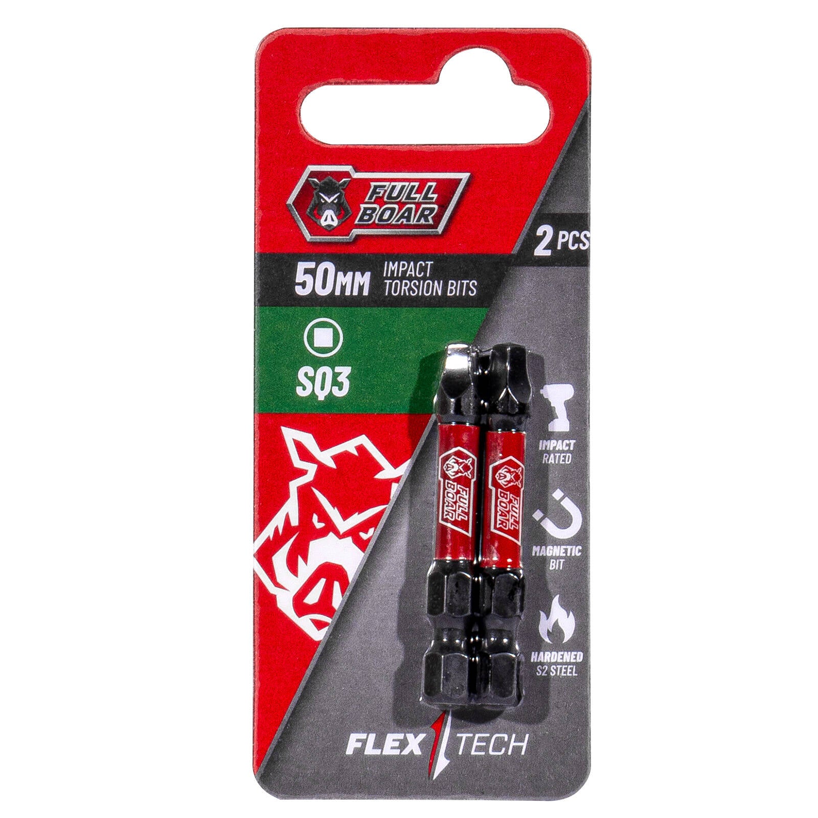 Full Boar SQ3 x 50mm Impact Torsion Bits Set - 2 Pack, S2 Steel, 1/4" Hex