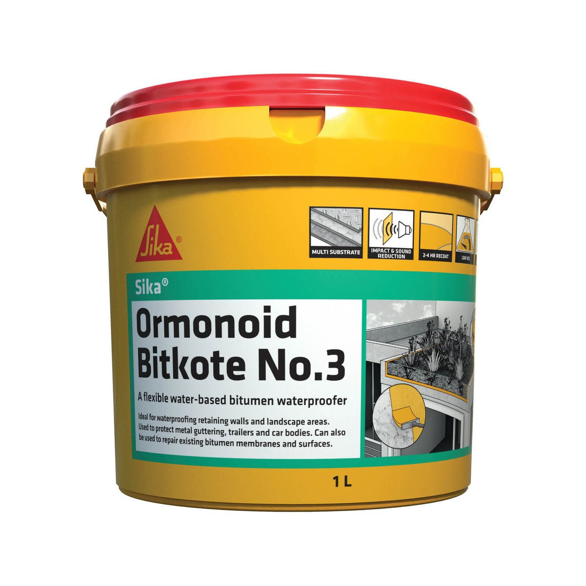 Sika 1L Ormonoid Bitkote No.3 Water-Based Bitumen Waterproof Compound