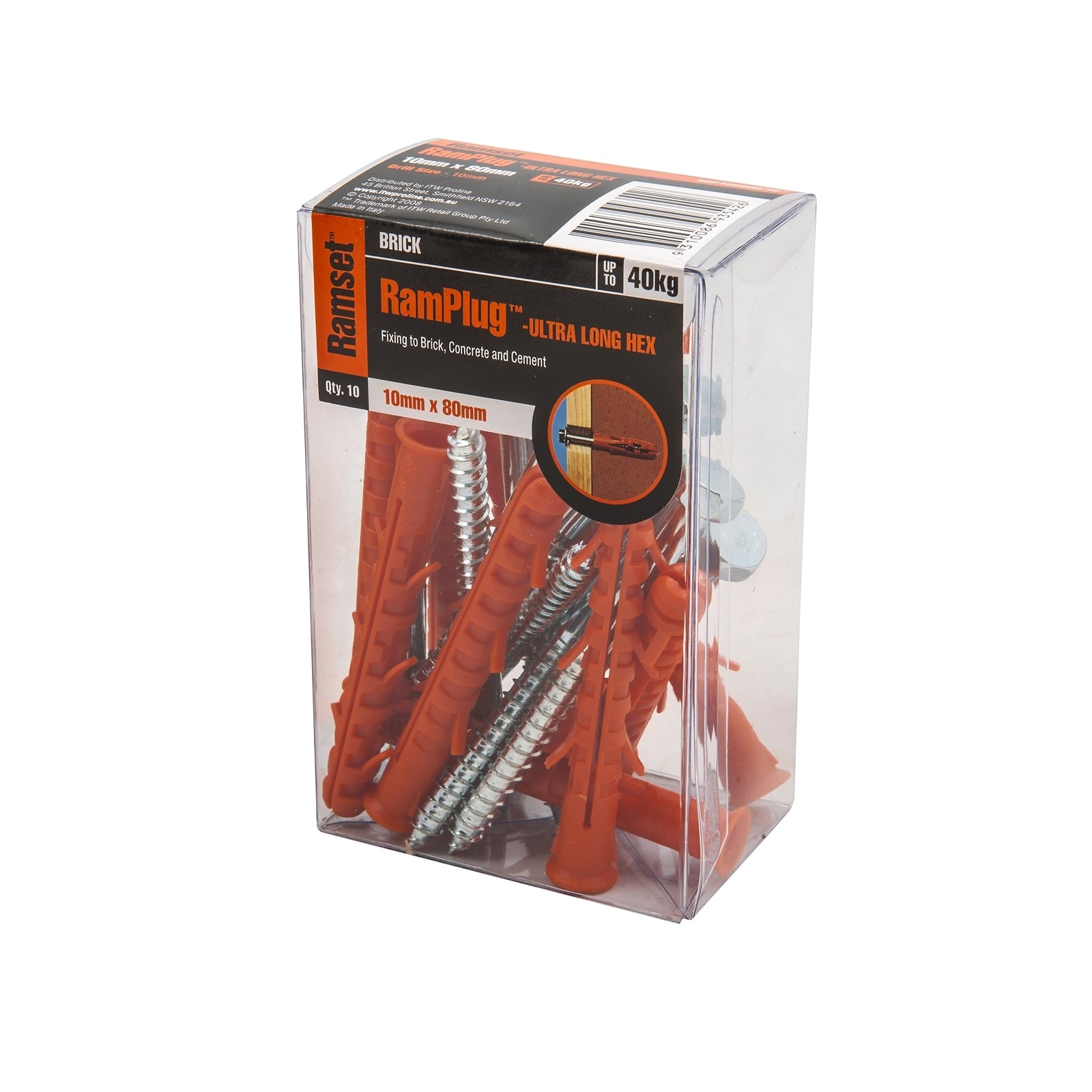Ramset RamPlug Ultra-Long 10 x 80mm Hex Nylon Anchor Zinc Plated Carbon Steel - 10 Pack