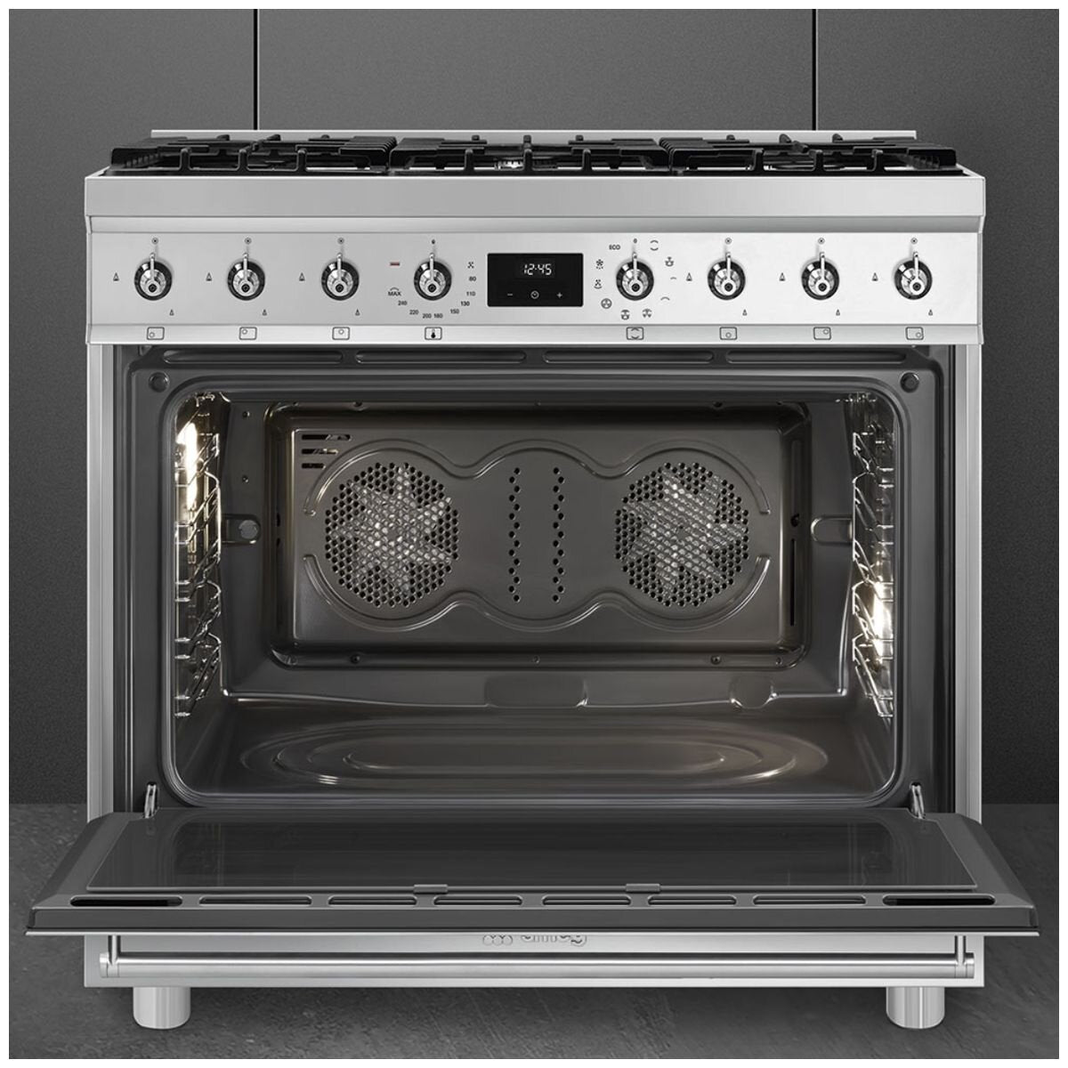 Smeg 90cm Dual Fuel Pyrolytic Freestanding Oven - Six Burner Gas Cooktop, Stainless Steel - CSP9GMXA2