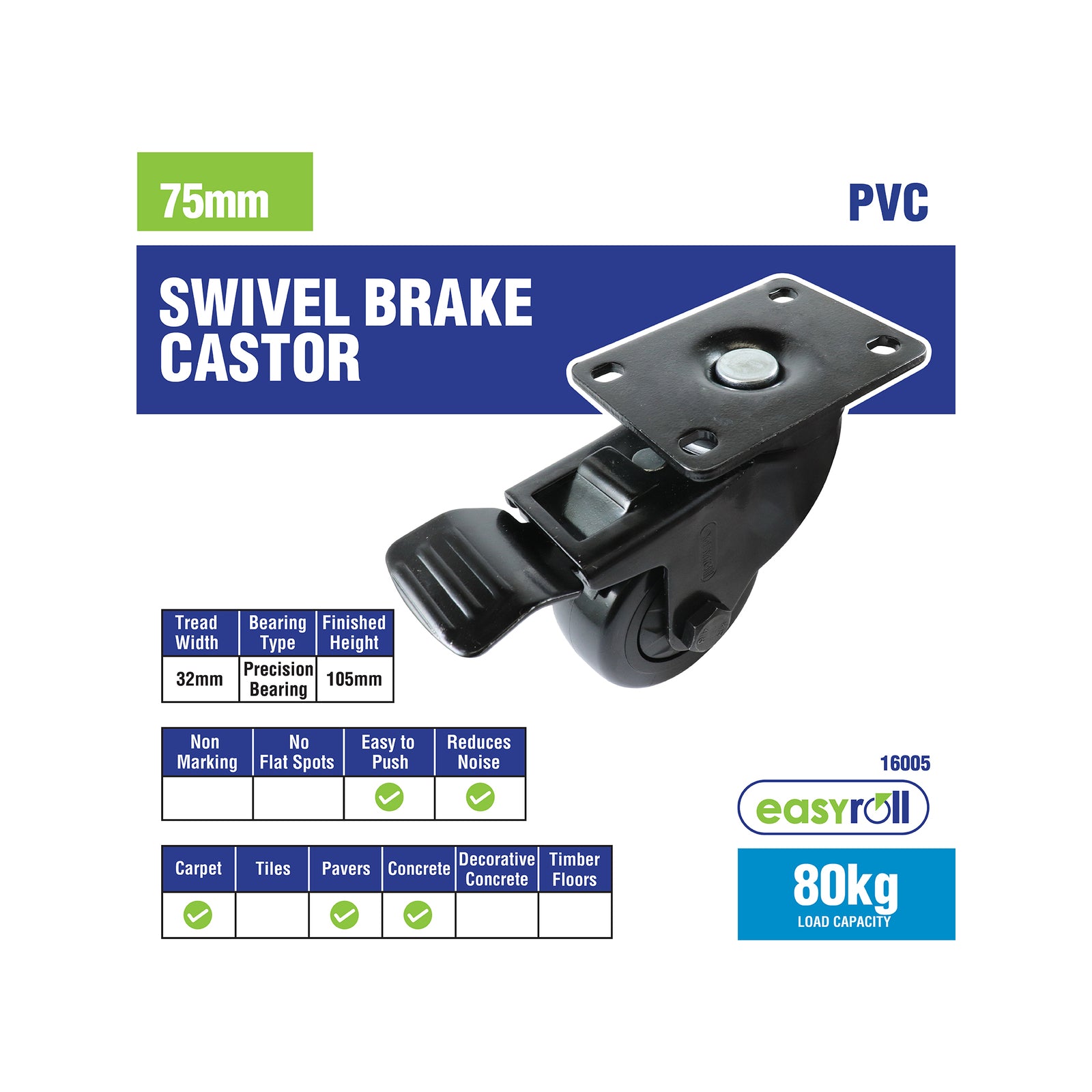Easyroll 75mm Black PVC Swivel Brake Castor 80kg Indoor Outdoor