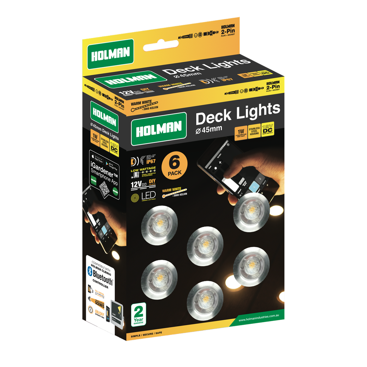 Holman 45mm 12V Warm White Outdoor Deck Light 6 Pack Waterproof DLW4510