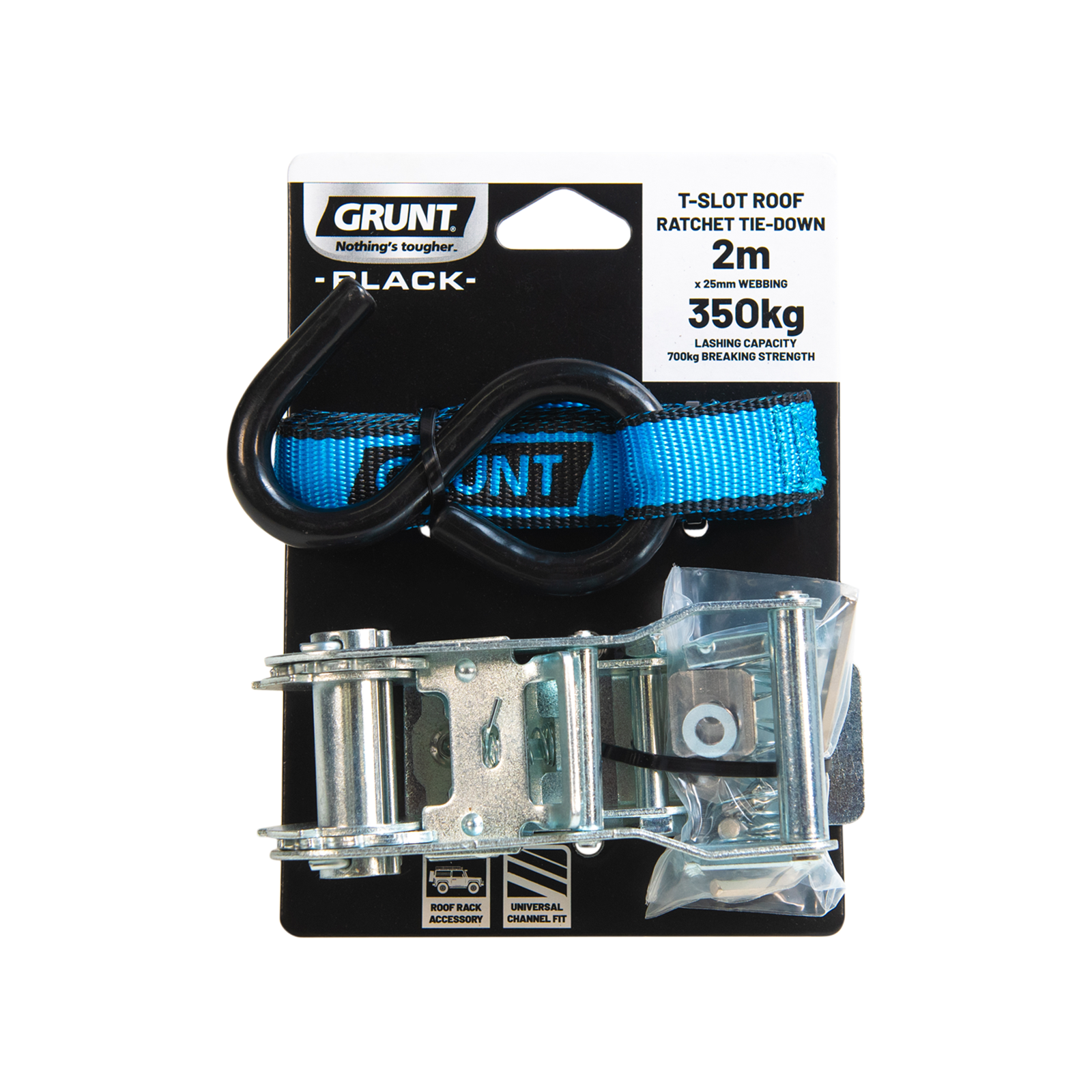 GRUNT T-Slot Roof Ratchet Tie Down, 25mm x 2m Webbing, Universal Roof Rack Fit