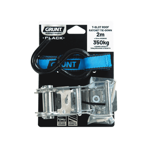 GRUNT T-Slot Roof Ratchet Tie Down, 25mm x 2m Webbing, Universal Roof Rack Fit