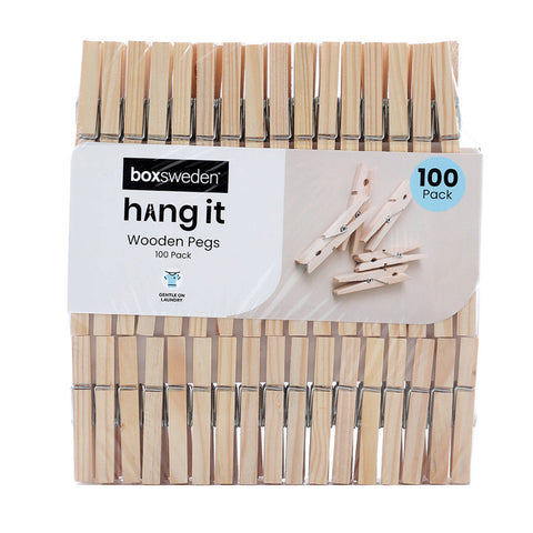 Boxsweden Wooden Clothes Pegs 100 Pack - Natural Timber Laundry Pegs 235 x 30 x 180mm