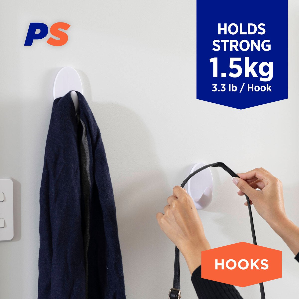 Permastik Large Self-Adhesive Vogue Hooks 3 Pack - White, Holds 1.5kg