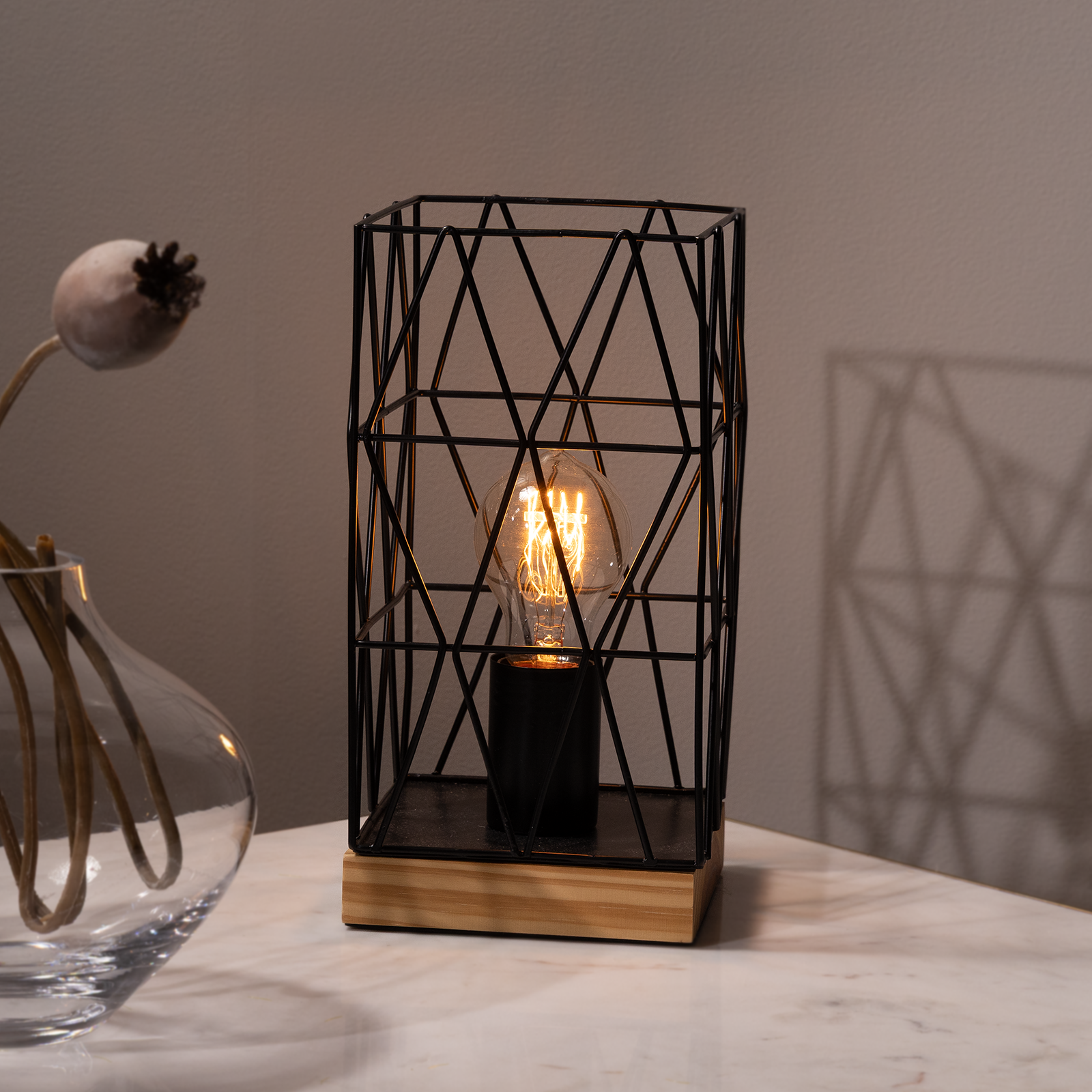 Verve Design Zavier Table Lamp, Black Metal & Wood, E27 40W, Square Shade ATL855BK