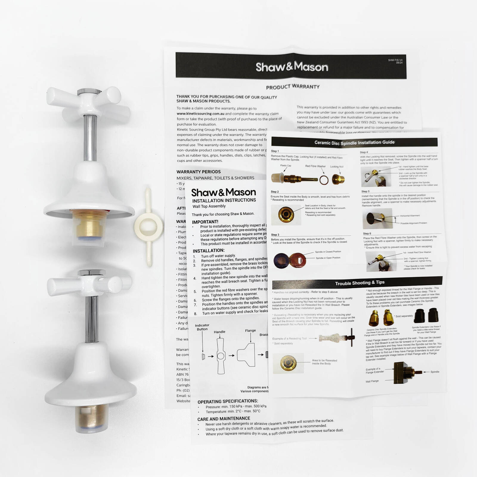 Shaw & Mason White 1/2 Turn Easy Clean Wall Top Assembly - Brass, Pair