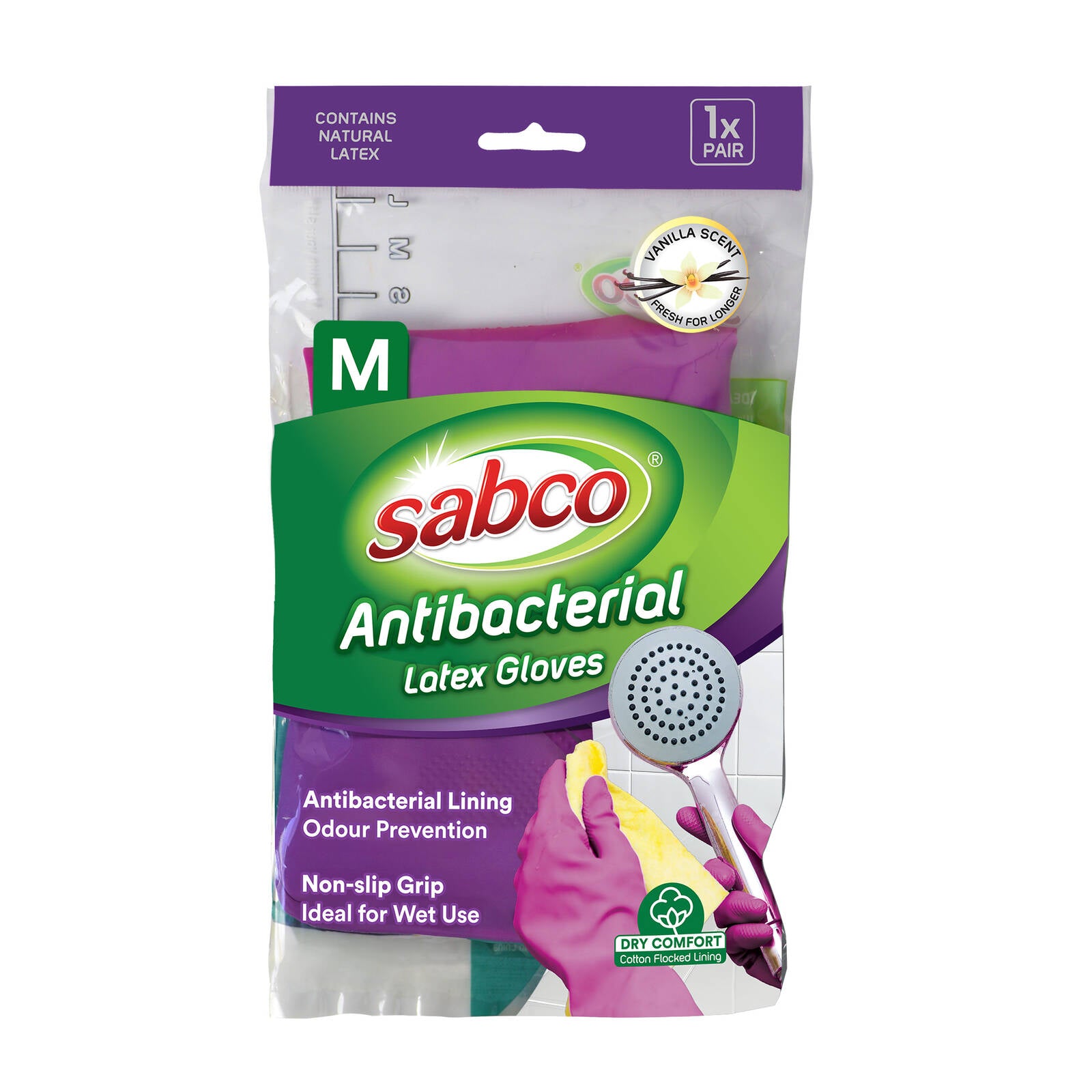 Sabco Antibacterial Latex Gloves Medium 1 Pair Pink Purple