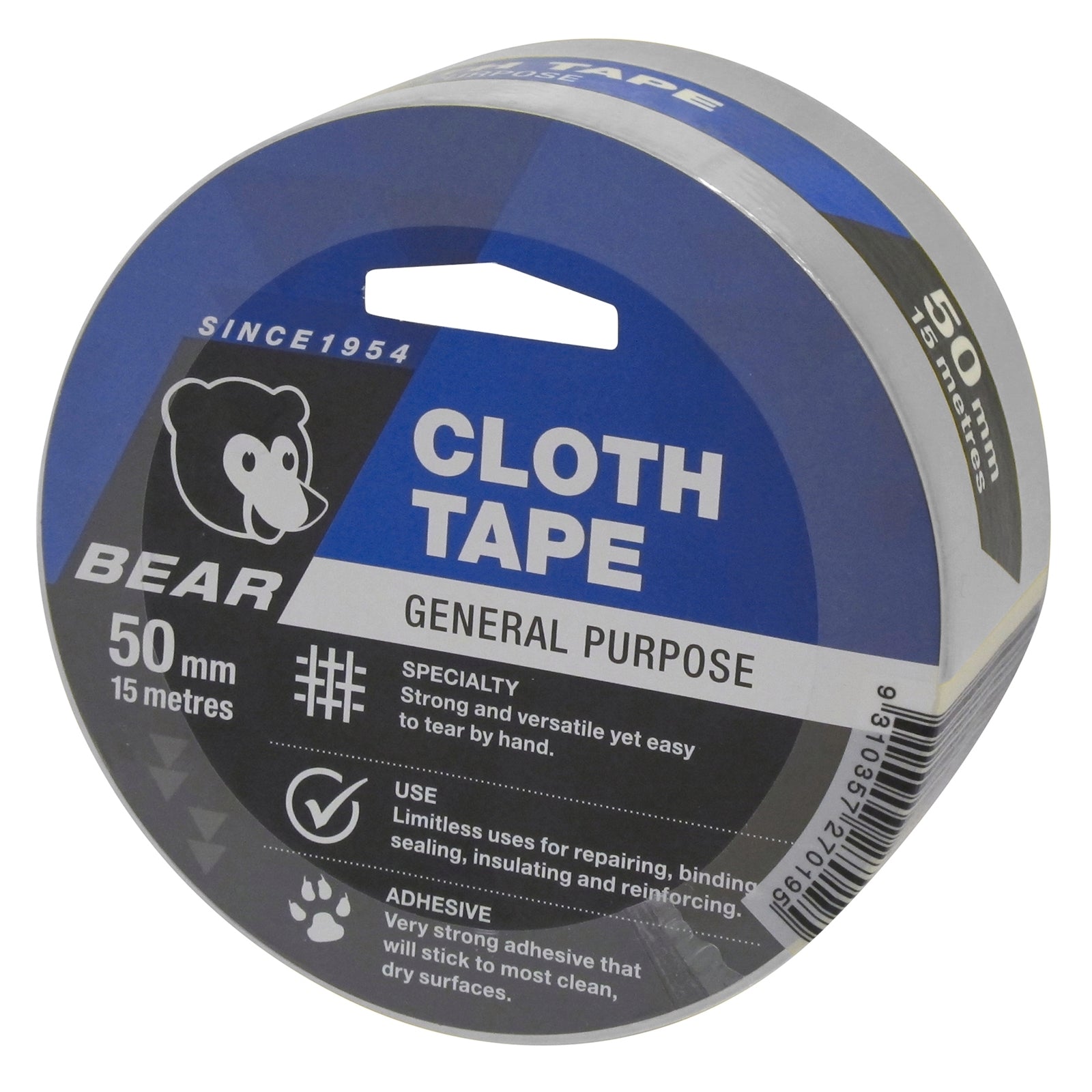 Bear Silver Cloth Tape 50mm x 15m General Purpose Hand-Tearable Repair Tape