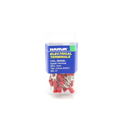 Narva Red Flared Vinyl Insulated Spade Terminal 2.5-3mm / 4.3mm (5/32") - 21 Pack