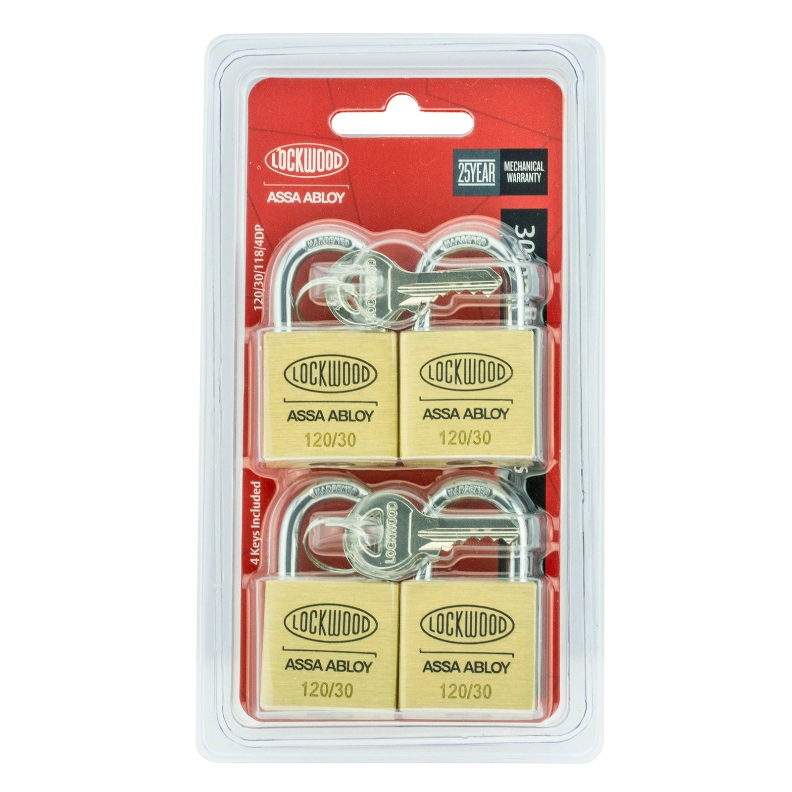 Lockwood 30mm Solid Brass General Purpose Padlock, 4 Pack, Double Locking