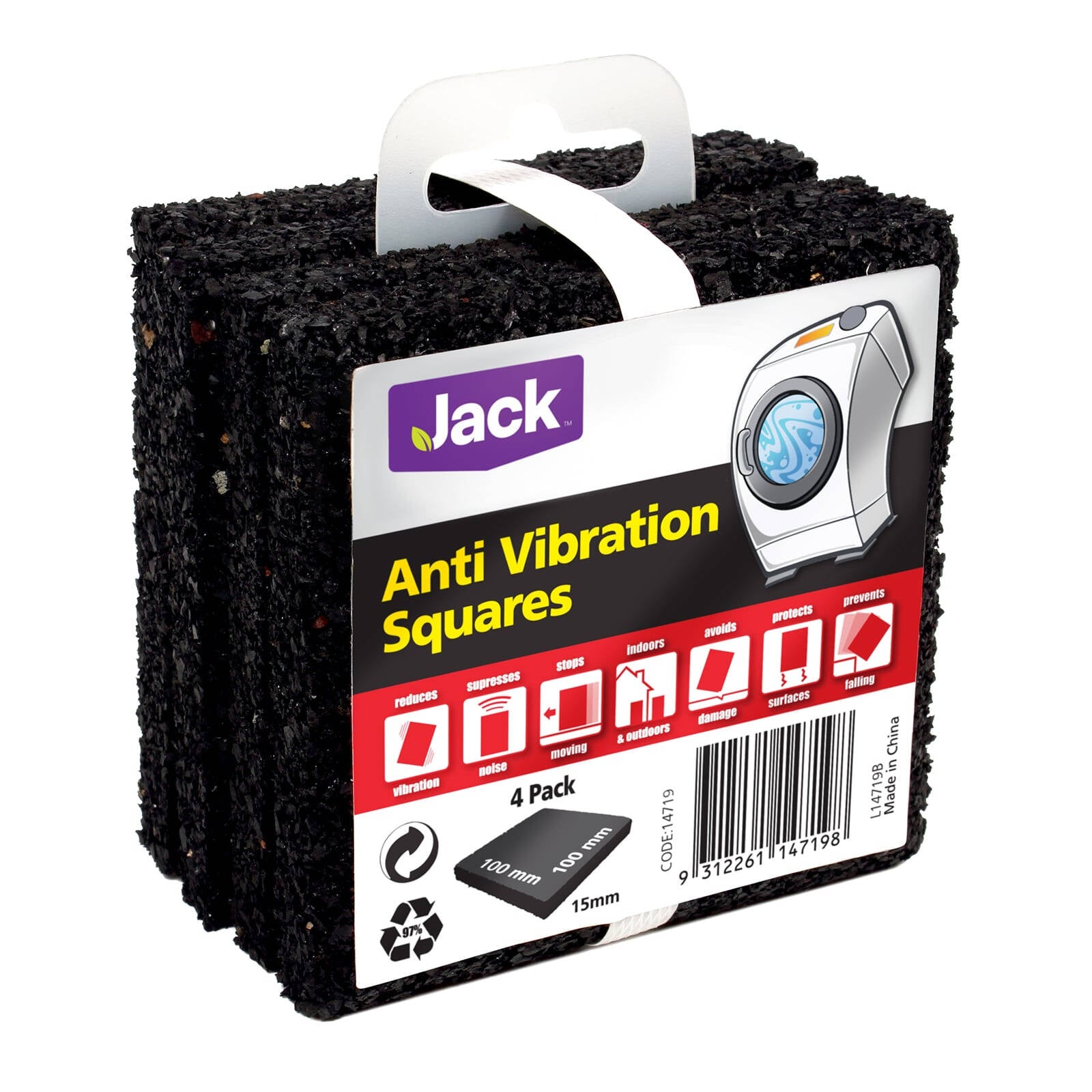 Jack 100 x 15mm Rubber Anti Vibration Squares - 4 Pack