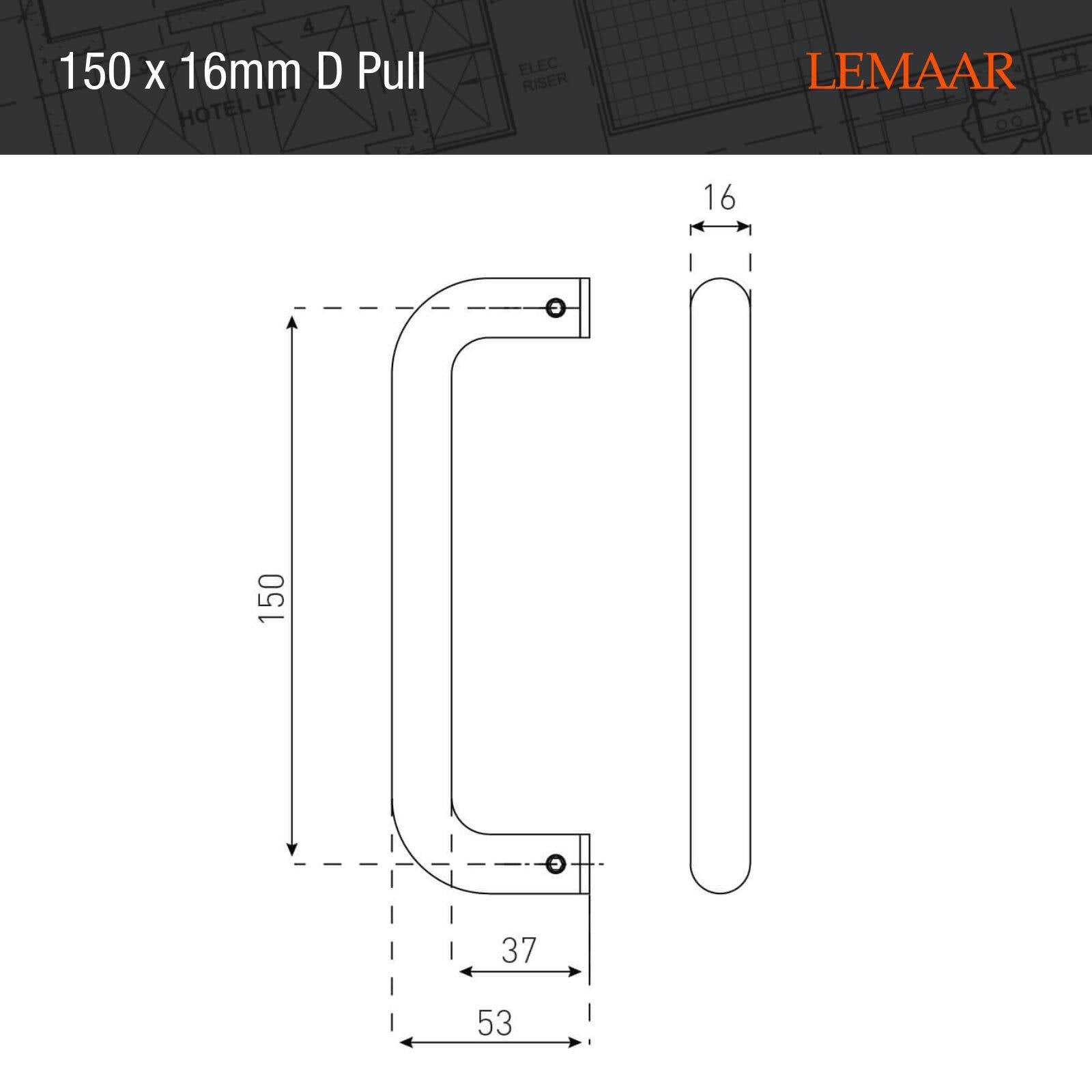 Lemaar D Pull Handle 150 x 16mm DDA Satin 304 Stainless Steel, Indoor Outdoor