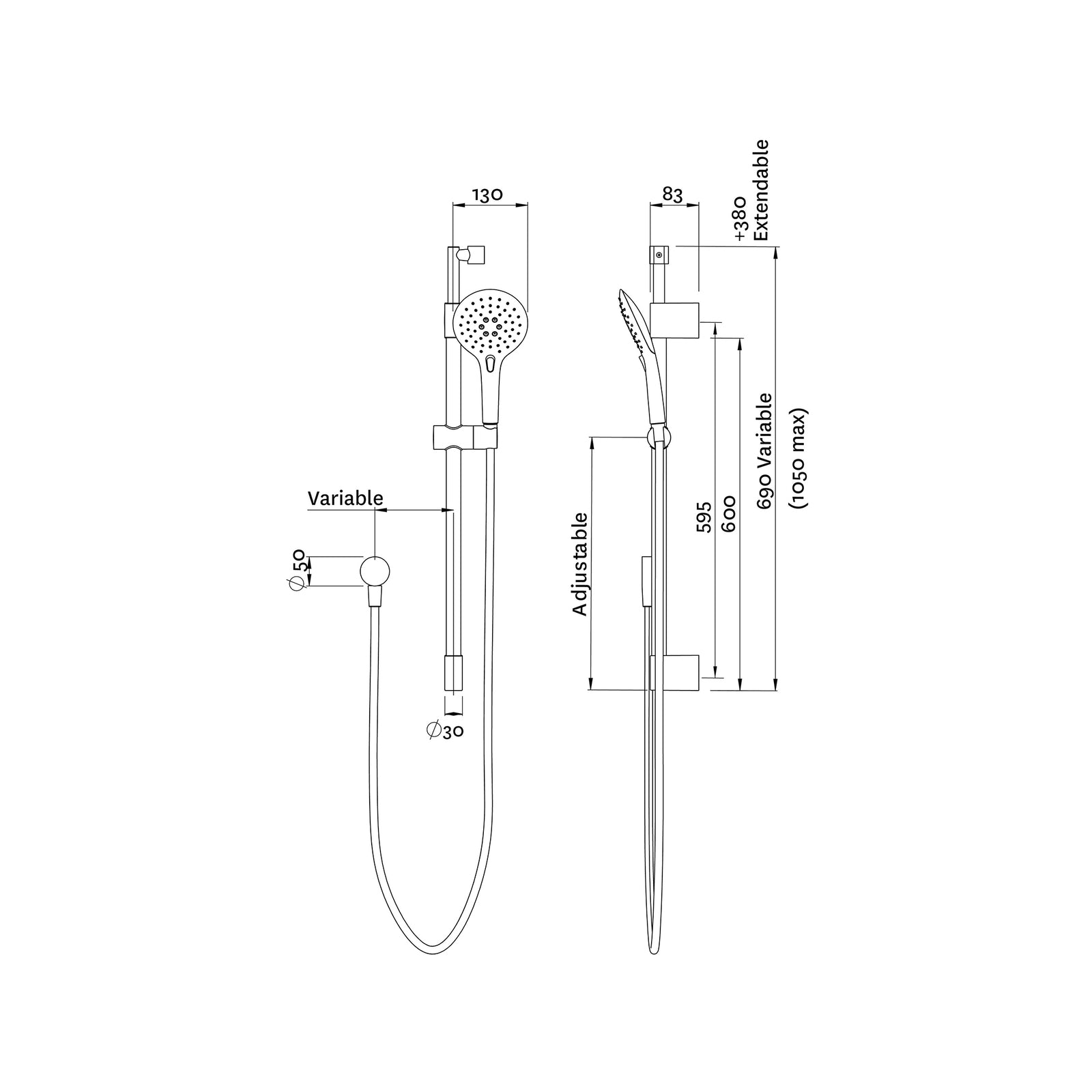 Methven Easy Click 3 Function Telescopic Rail Shower, WELS 4 Star 7.5L/min