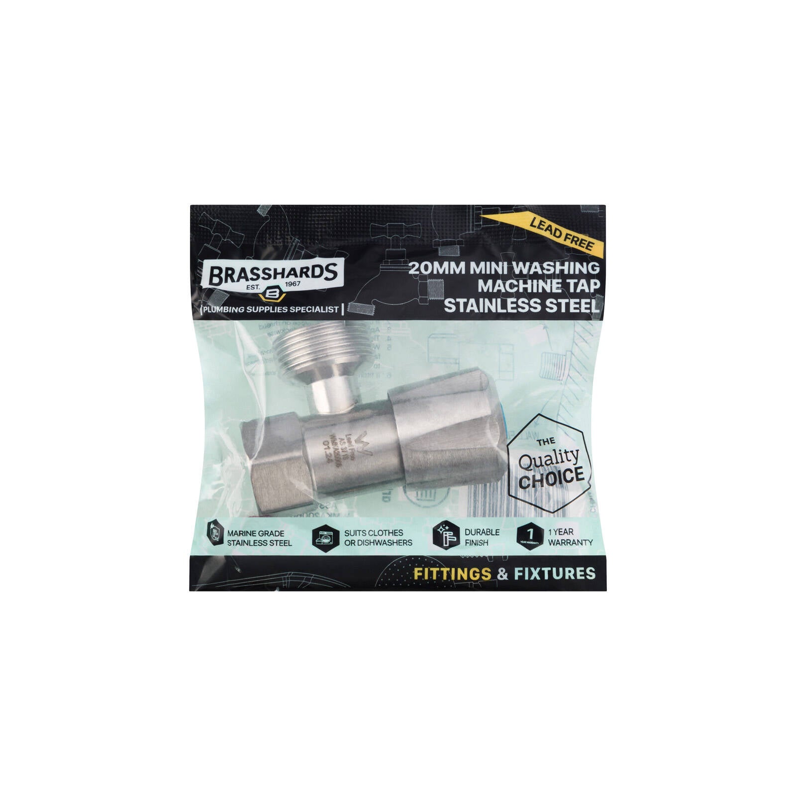 Brasshards Mini Washing Machine Tap 20mm Stainless Steel