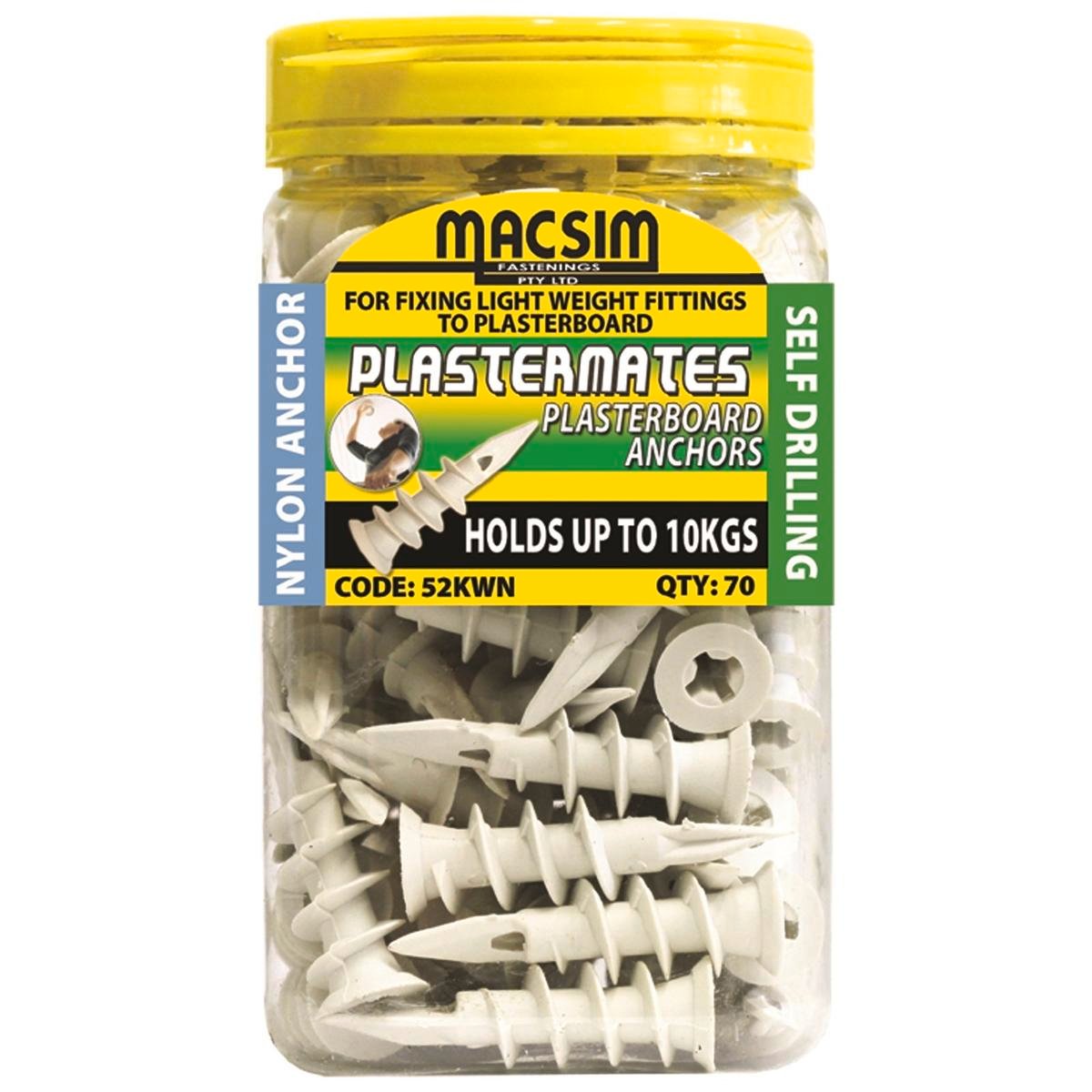 Macsim 45mm Nylon Plasterboard Anchor 70 Pack - White Nylon - Flush Finish - Holds Up To 10kg - SuperSaverAU - view 1