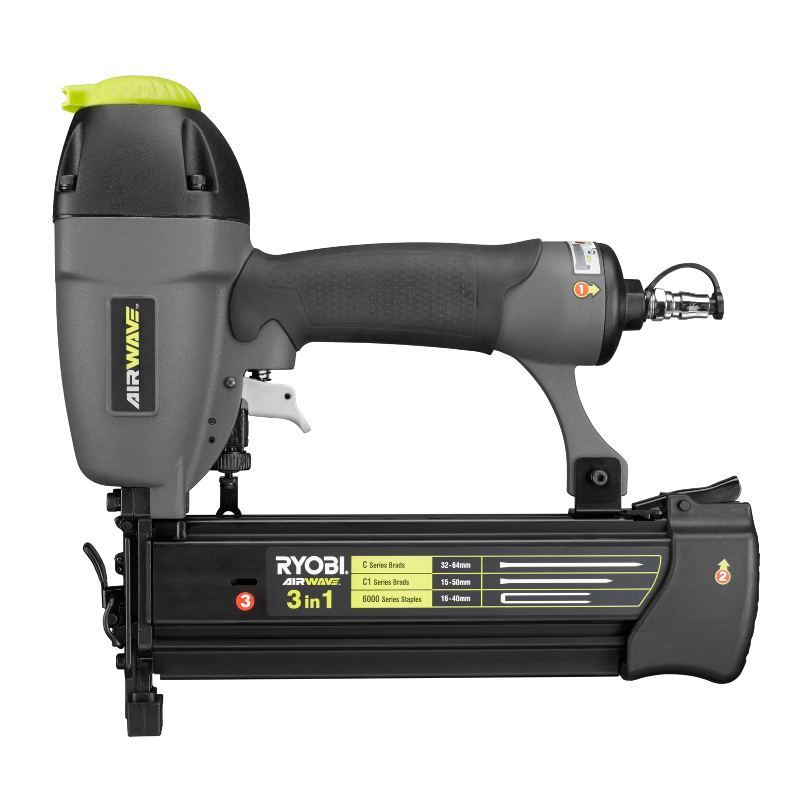 Ryobi Airwave 3 in 1 Air Brad Nailer and Stapler, 15-64mm, Grey RA-NBS1664-S