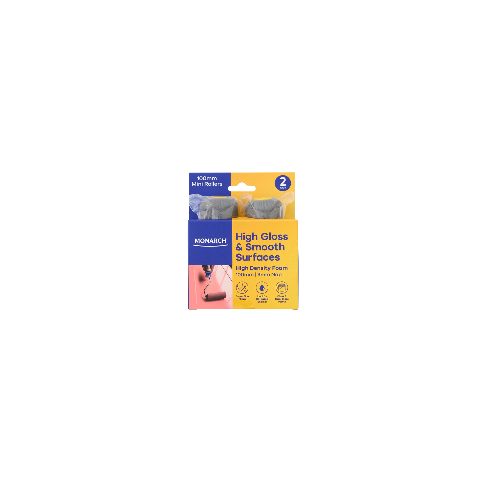Monarch 100mm 9mm Nap High Density Foam Gloss & Smooth Mini Rollers 2 Pack