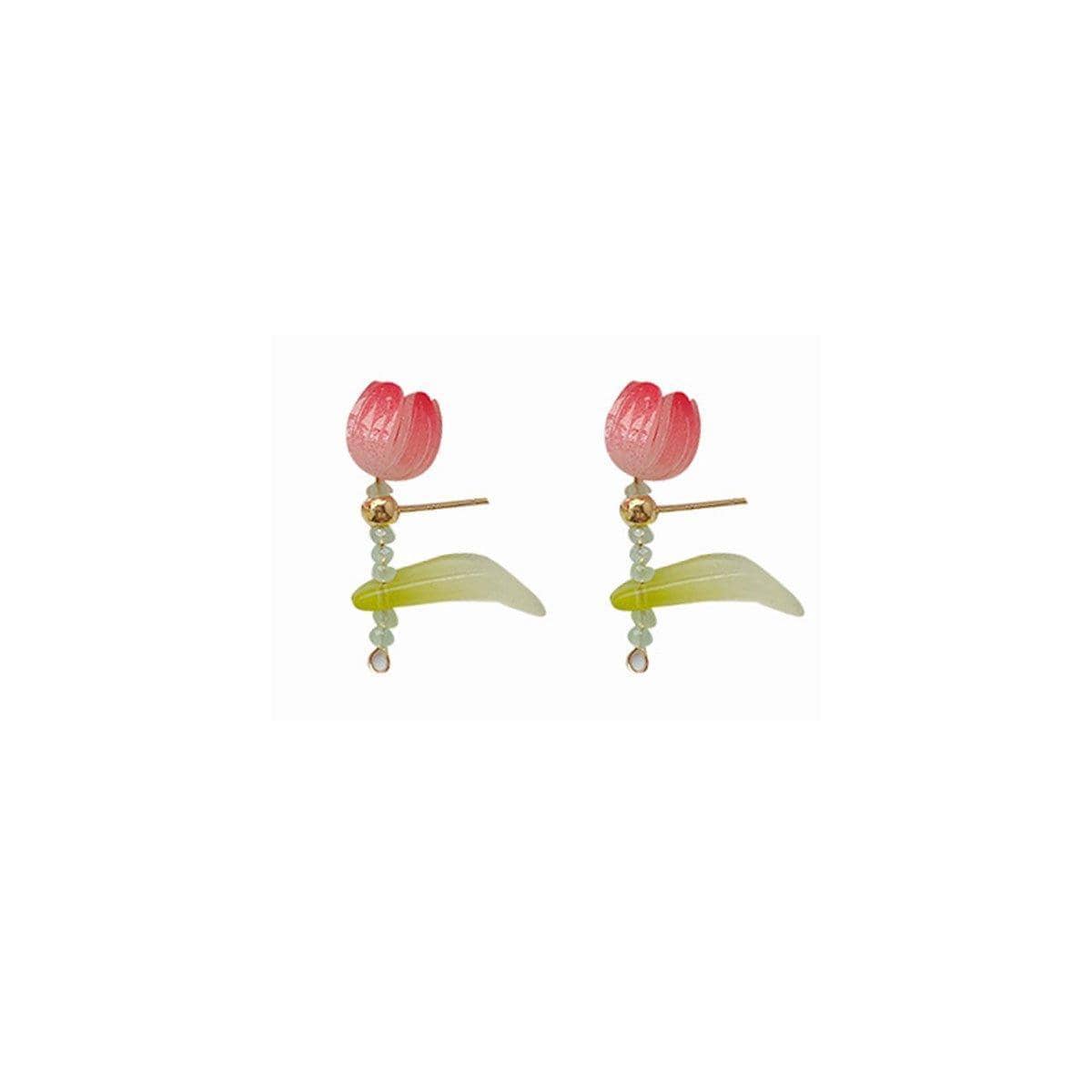 Delicate Tulip Stud Earrings Women Coloured Glaze Fashion Jewellery - Pink