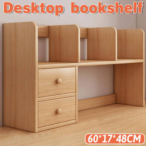 Desktop Bookshelf with Two Drawers, Wood Desk Storage Organiser Rack, 60 x 17 x 48 cm