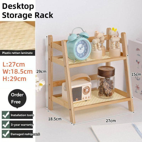Desktop Storage Shelf, Two-Tier Wood and Plastic Rattan Laminate