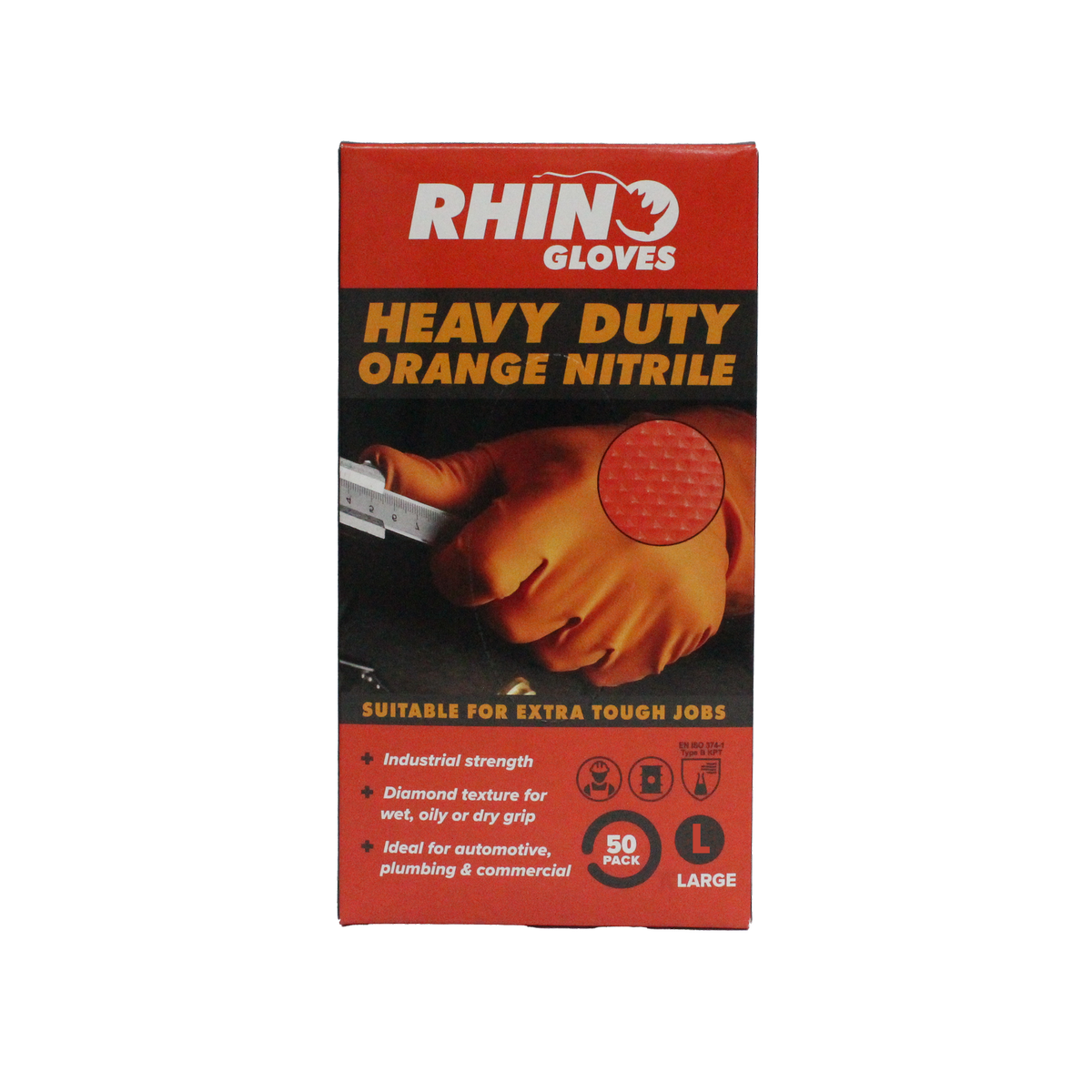 Rhino Large Orange Heavy Duty Nitrile Disposable Gloves 50 Pack - Diamond Grip, Latex Free