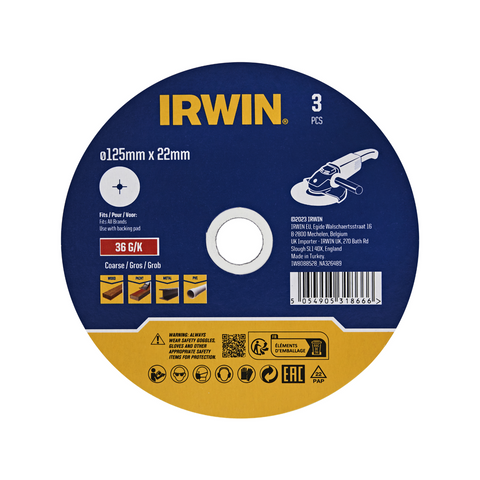 IRWIN 125 x 22mm 36 Grit Fibre Disc - 3 Pack