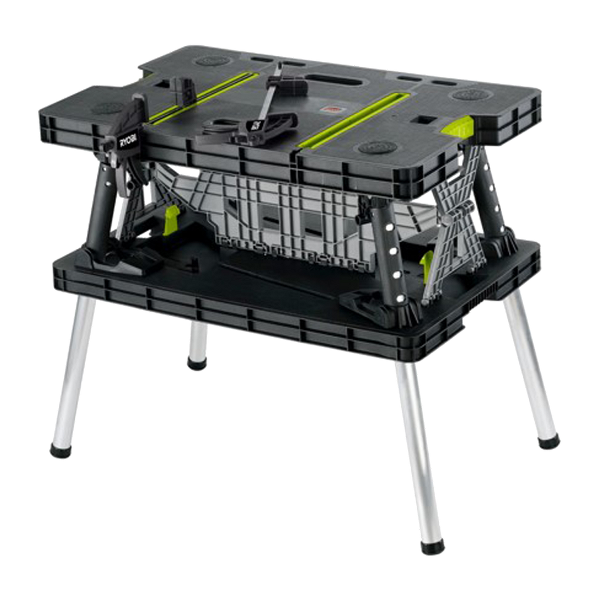 Ryobi Folding Work Table with Two Clamps, 850 x 550mm Plastic Surface